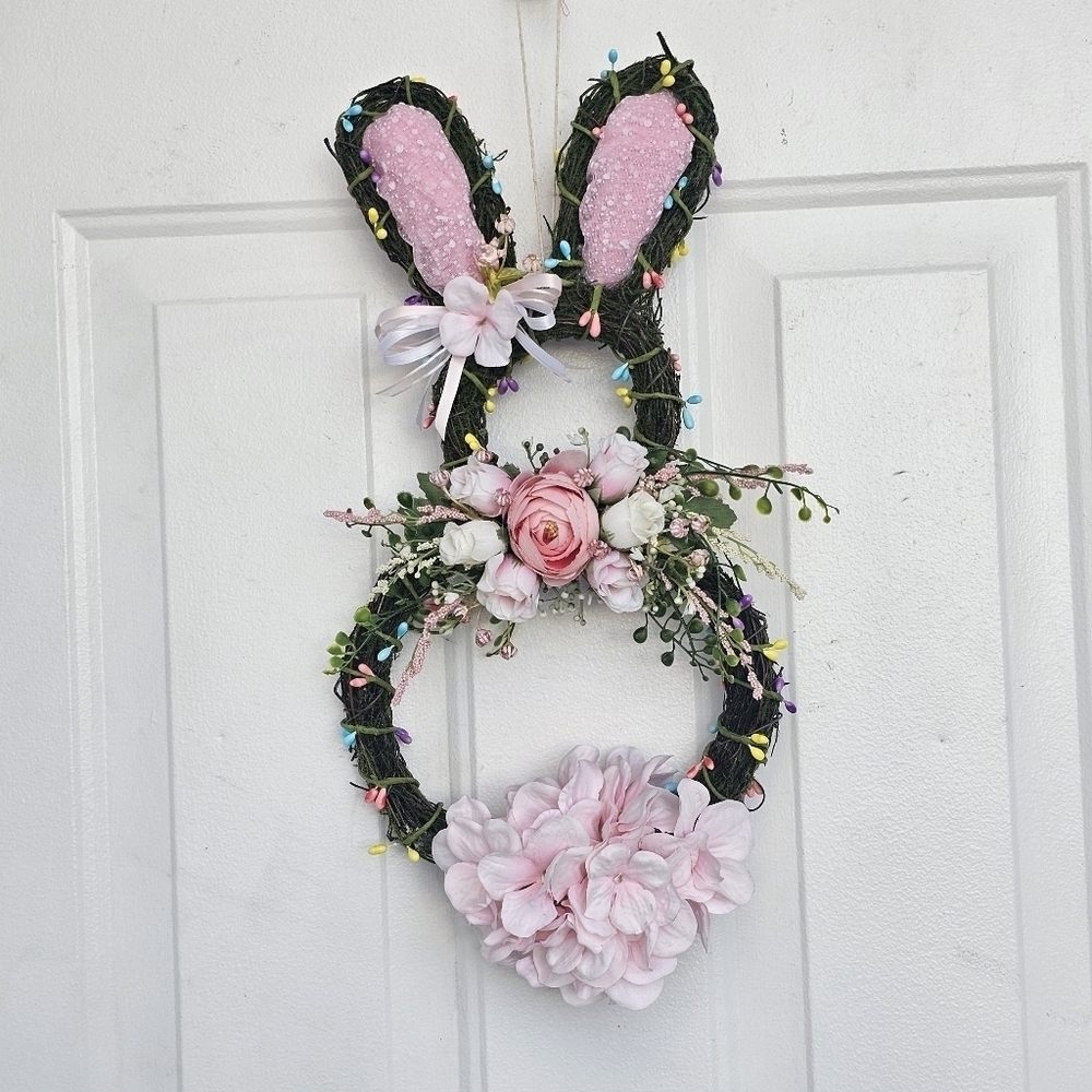 Handmade Floral bunny Spring/Easter Wreath with light pink and white florals